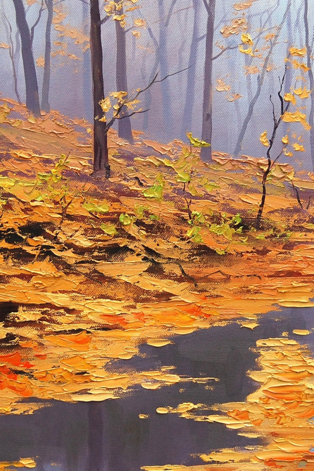 Желтые листья в ручье, картина