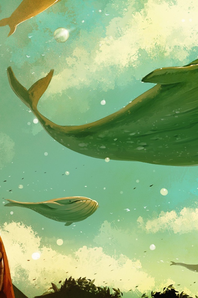 Стая китов пролетает в небе