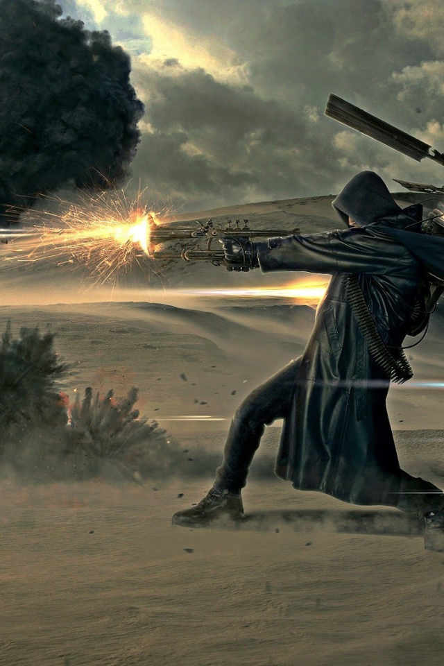 Солдат в черном плаще стреляет из оружия