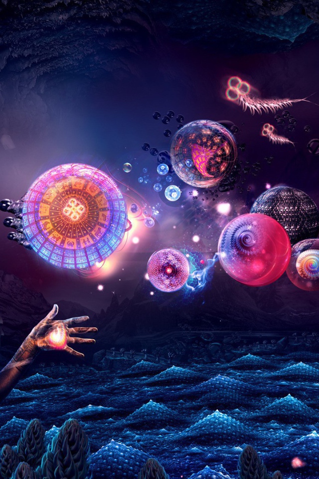 Андроид смотрит на абстрактные сферы