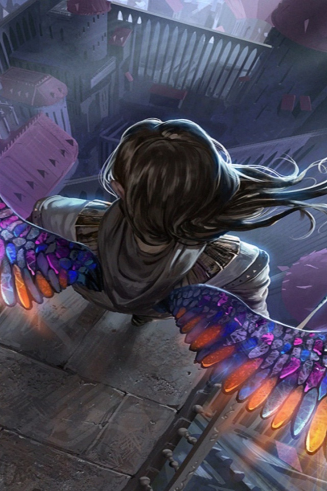 Ангел с радужными крыльями на краю