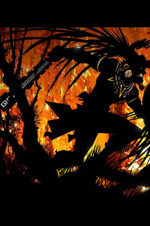 Воин ацтек в горящем лесу