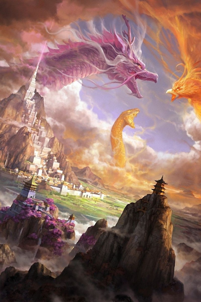 Сражение дракона и птицы Феникс