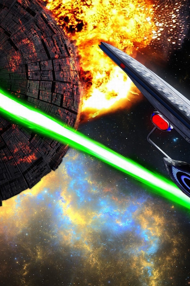 Удар луча зеленого лазера в космосе