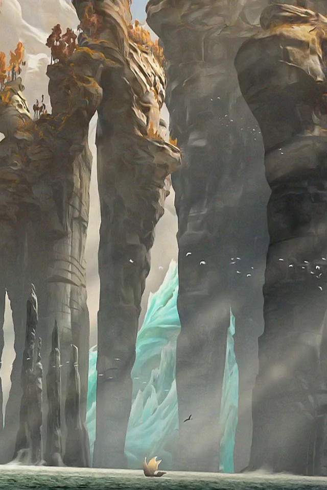 Лодка у подножия каменных столбов