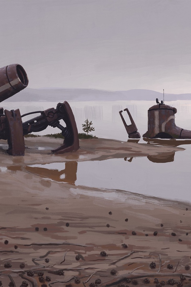 Мальчик возле обломков робота на берегу