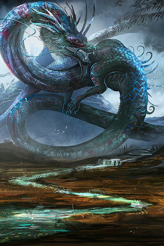 Буддист молится на фоне дракона