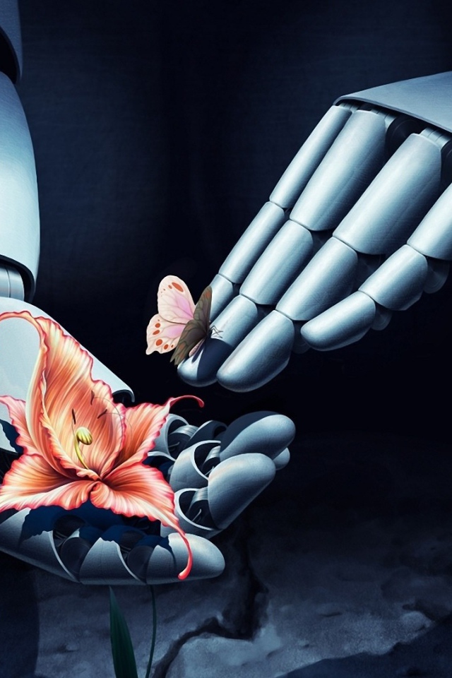 Бабочка и цветок в руках робота