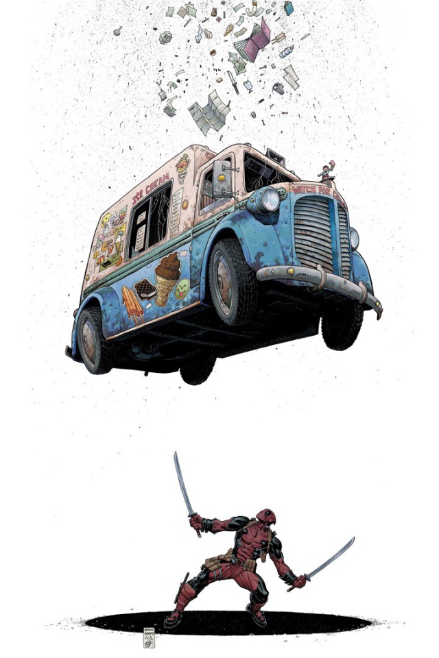 Автомобиль падает на Дэдпула