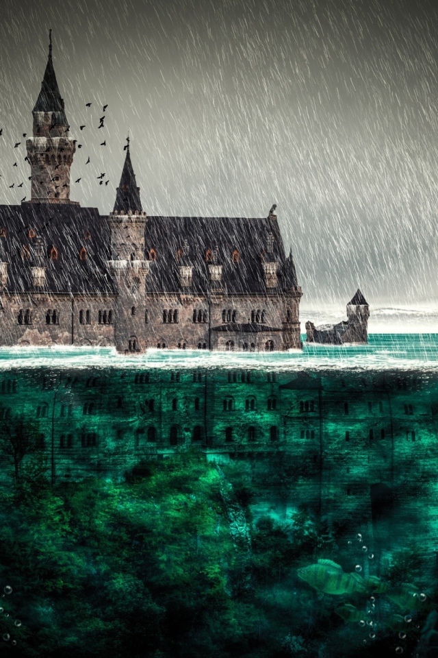 Замок тонет в воде всемирного потопа