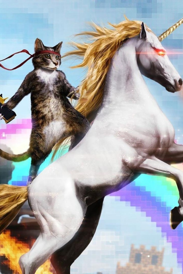 Кот с пистолетом верхом на единороге