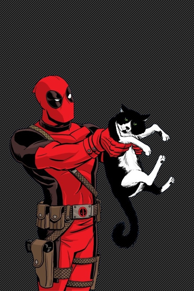 Дэдпул держит в руках кошку