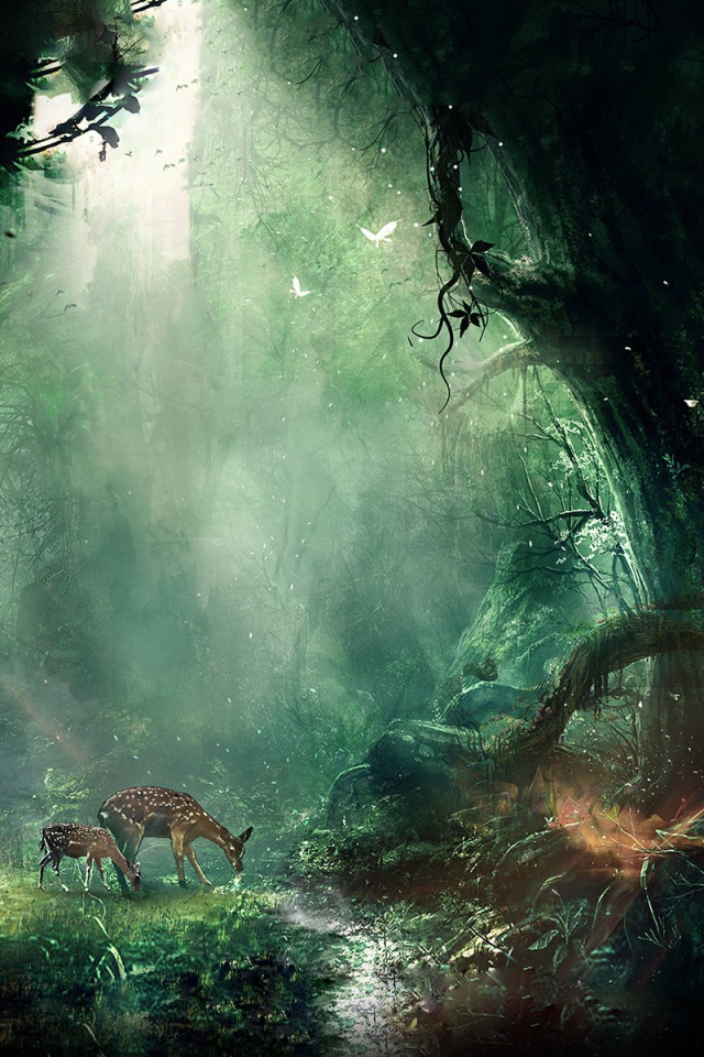 Олени пасутся в чаще волшебного леса