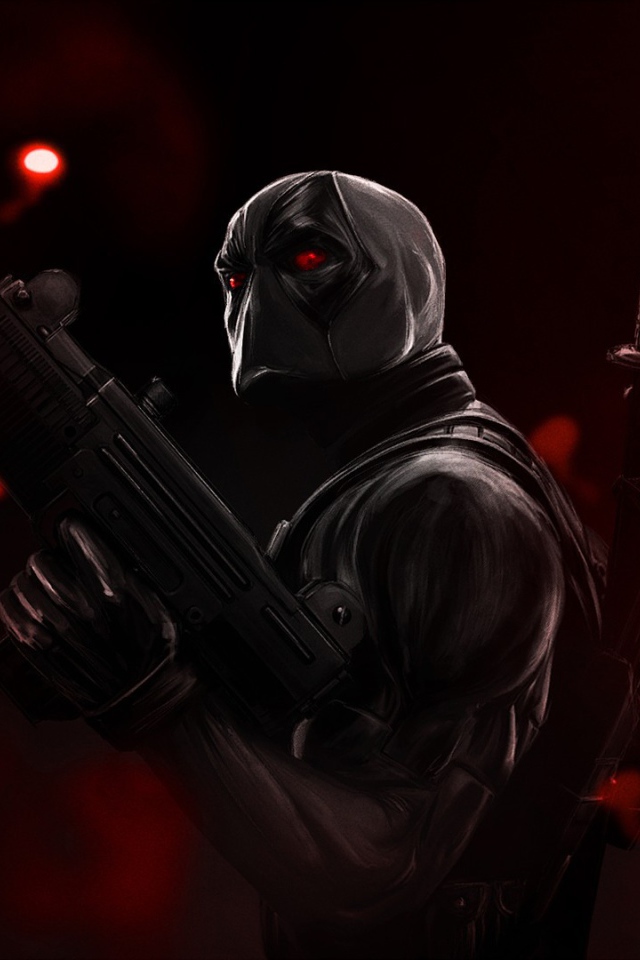 Злой персонаж Дэдпул на красном фоне