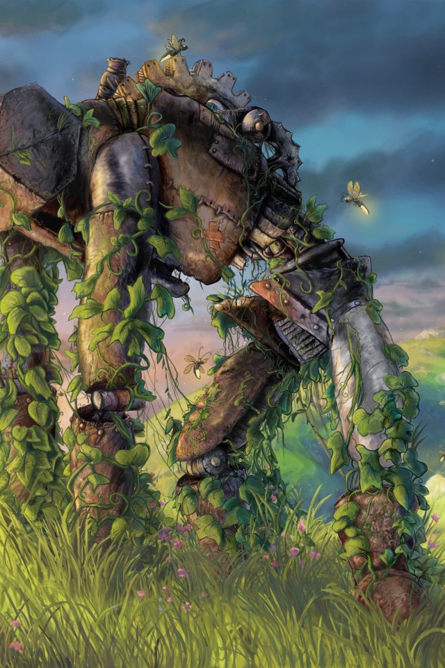 Поросший травой старый робот