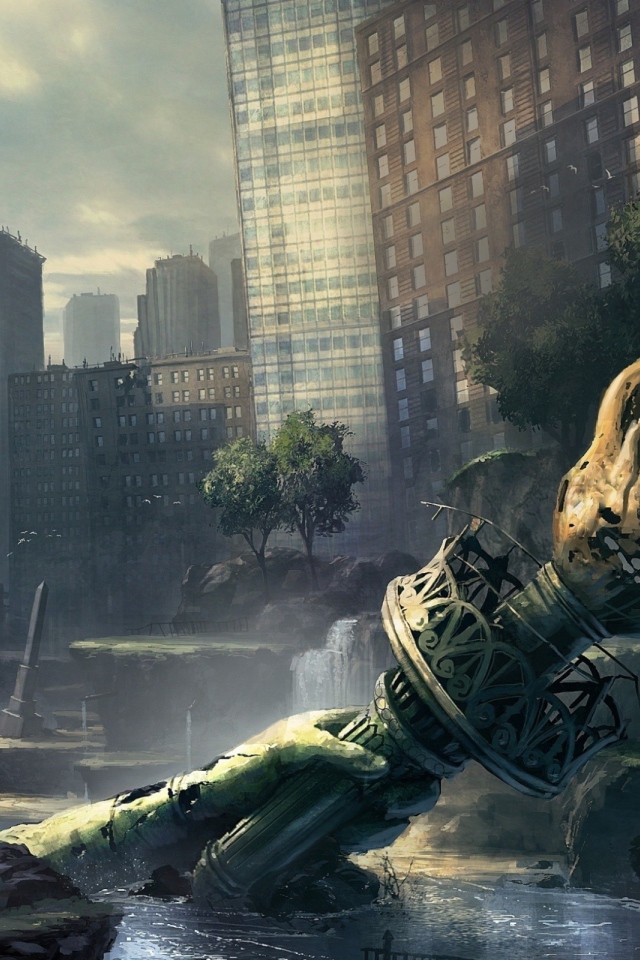 Рука с факелом от статуи Свободы в руинах Нью-Йорка