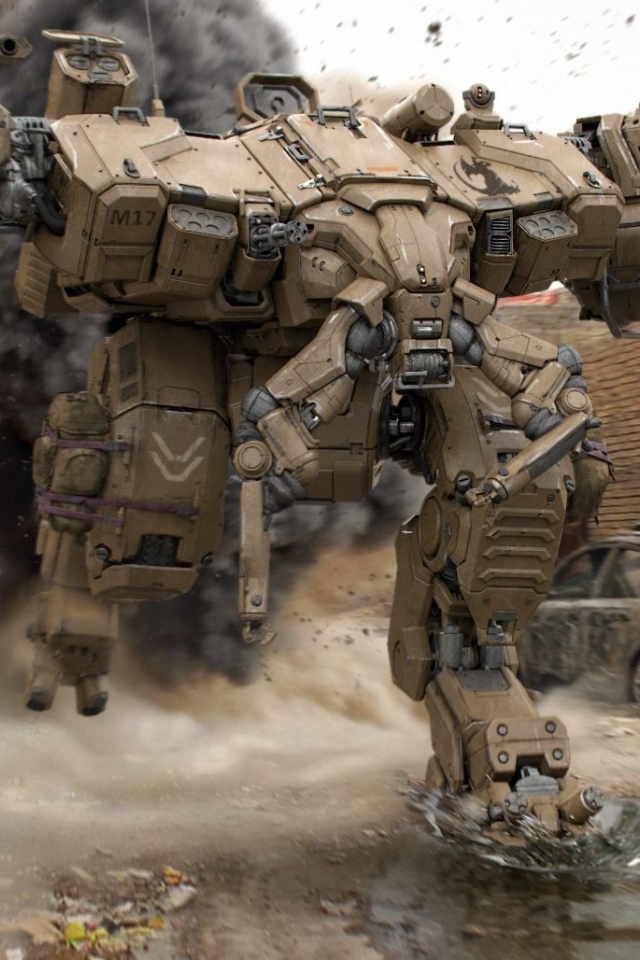 Тяжелый боевой робот бежит по улице