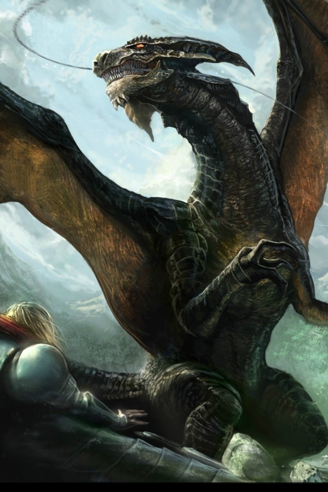 Рыцари в латах ведут бой с драконом