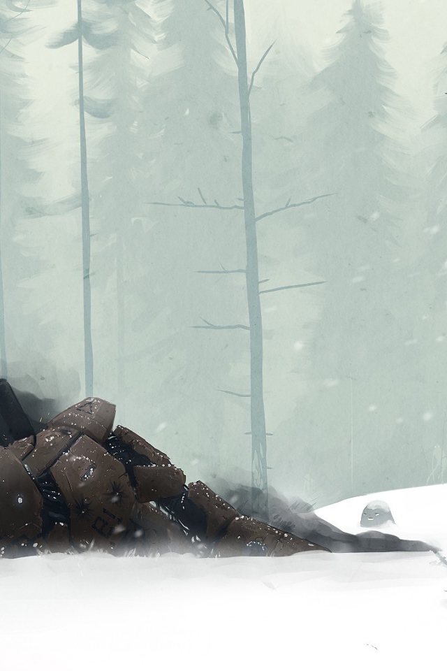 Поверженный робот в зимнем лесу