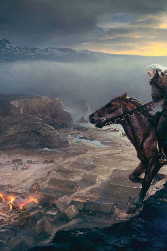 Всадники смотрят на горящую деревню