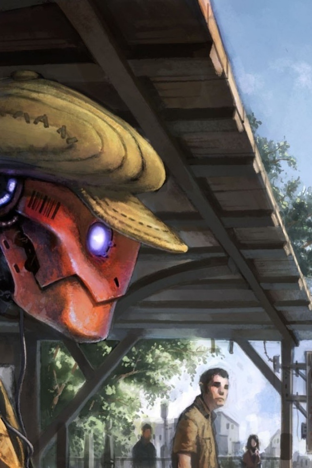 Робот в кепке ждет поезда на платформе