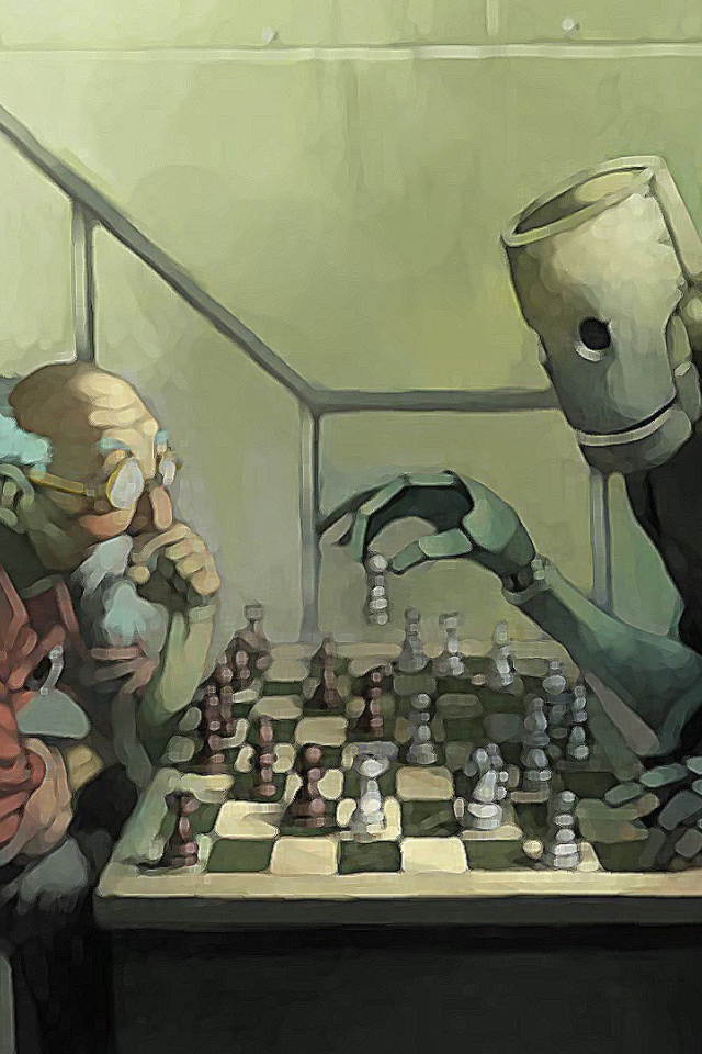 Робот играет в шахматы с пожилым мужчиной