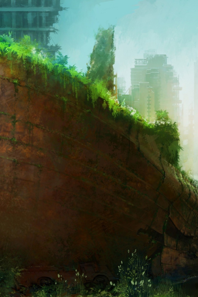 Ржавый корабль среди руин небоскребов