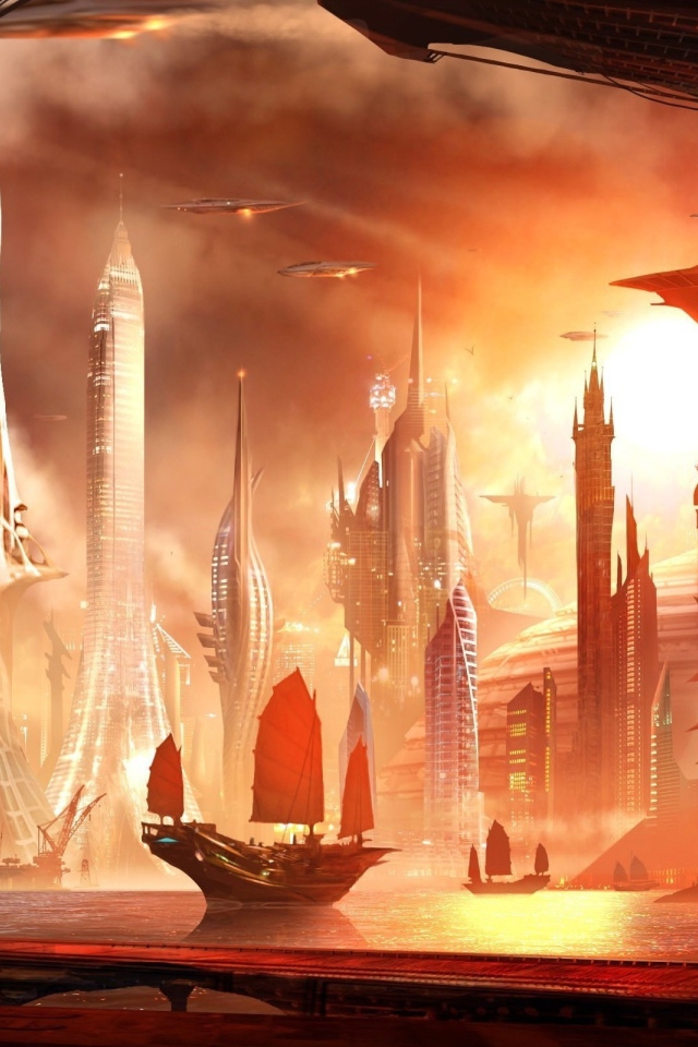 Парусник в азиатском городе будущего