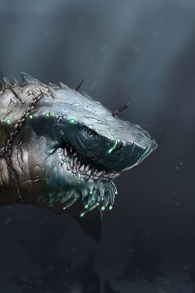 Акула в цепях охотится на дайвера