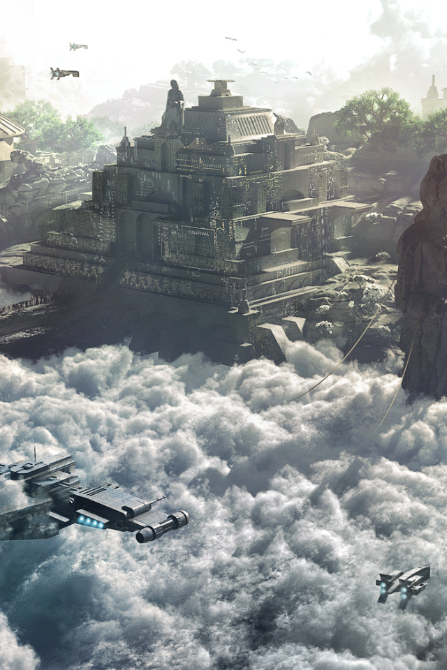 Космический корабль перед храмом развитой цивилизации