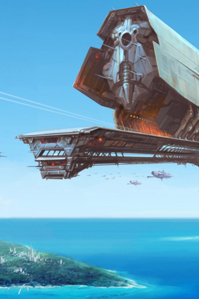 Космический корабль над островом в море