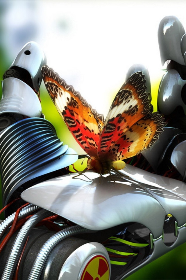 Бабочка сидит на стальной руке робота