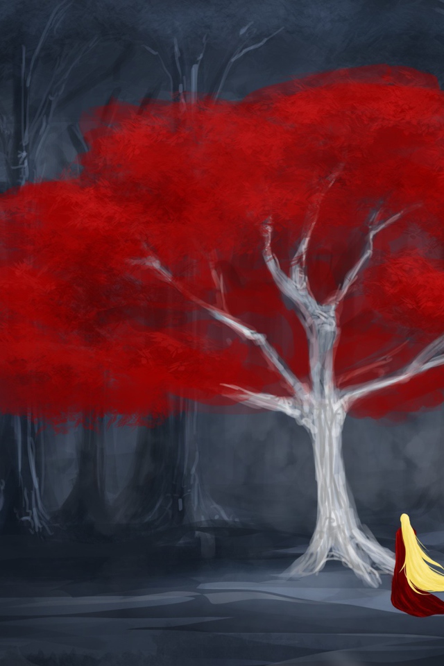 Девушка у красного дерева в мире сказок