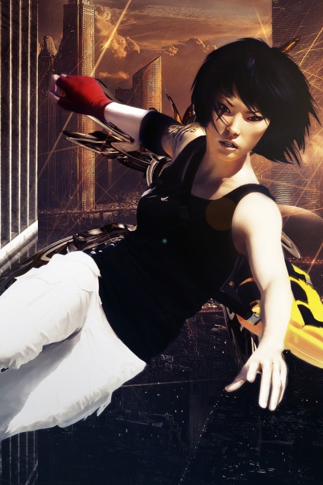 Девушка бежит по стене небоскреба