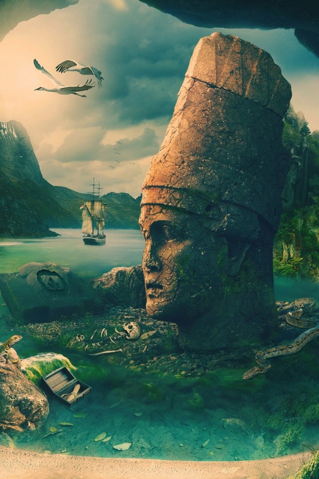 Голова от большой статуи в руинах Атлантиды