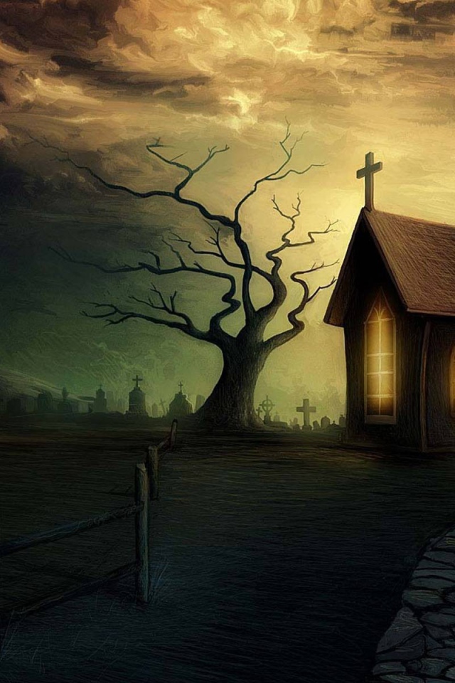 Свет в окнах церквушки и виселица перед ней