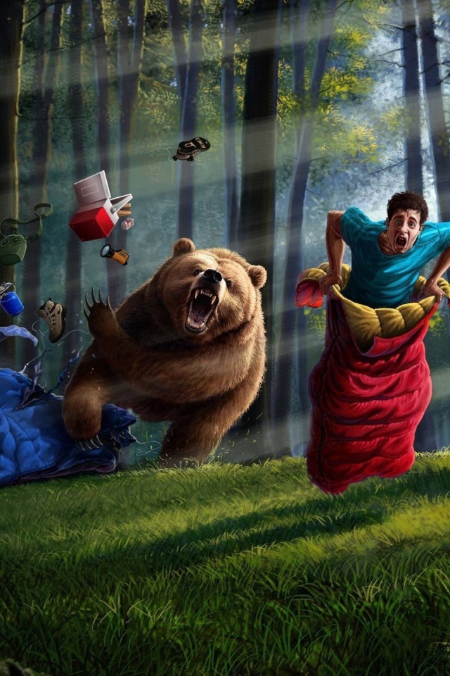 Человек убегает от медведя в спальном мешке