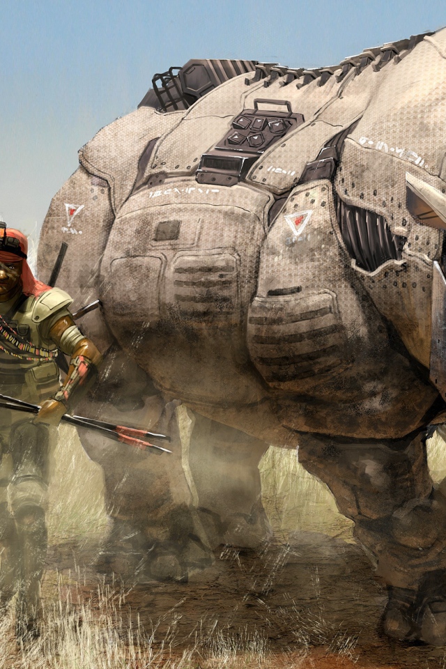 Мужчина с роботом носорогом