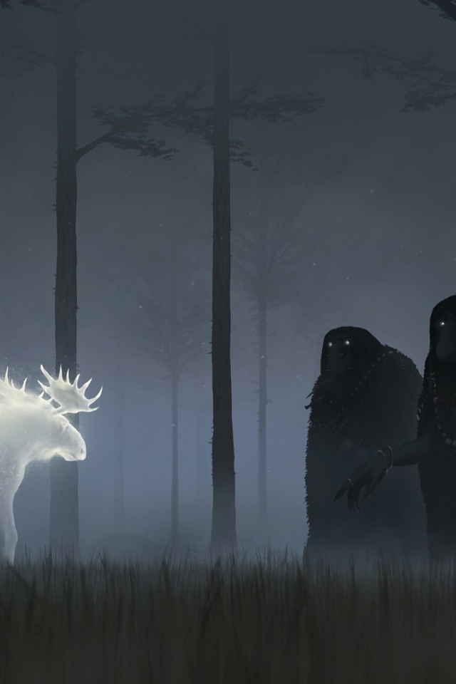 Призрак оленя в темном лесу