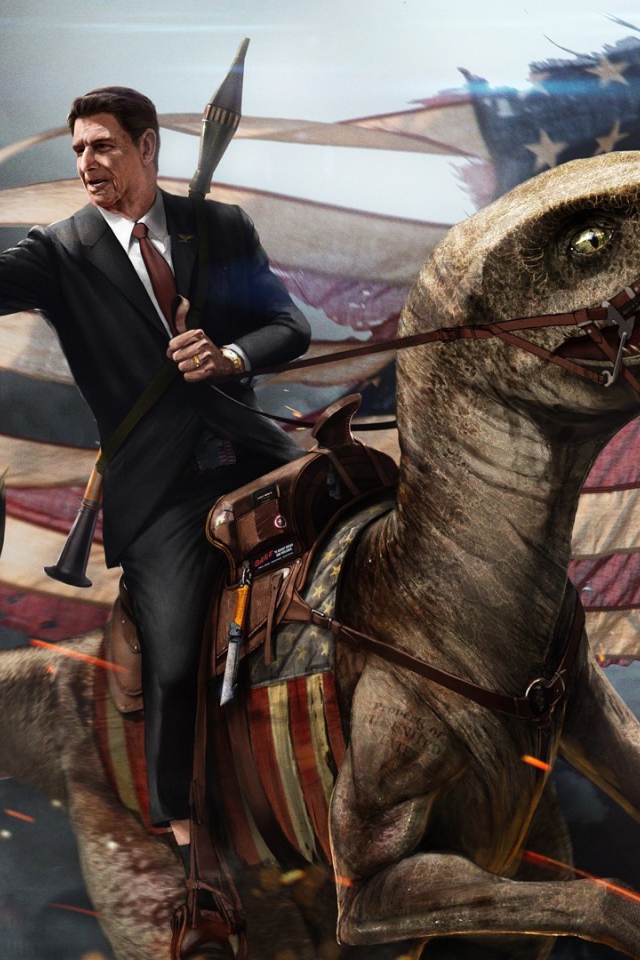 Президент США верхом на динозавре