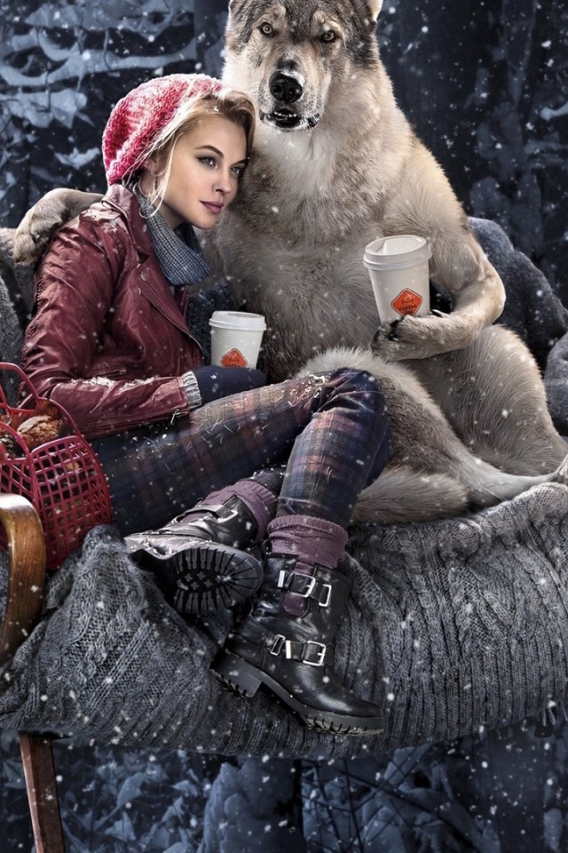 Волк пьет кофе с Красной шапочкой