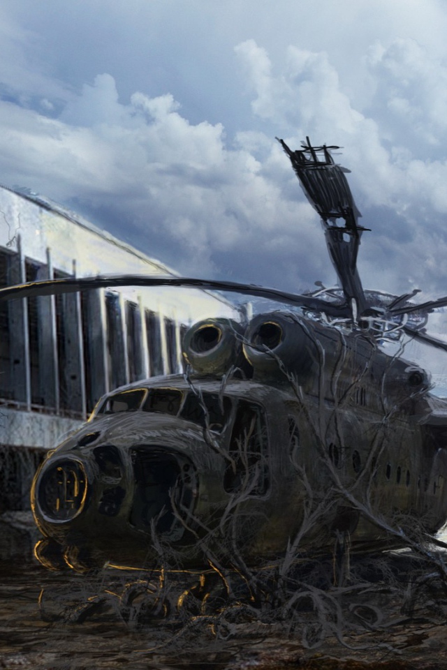 Разбитый вертолет зарос, постапокалипсис