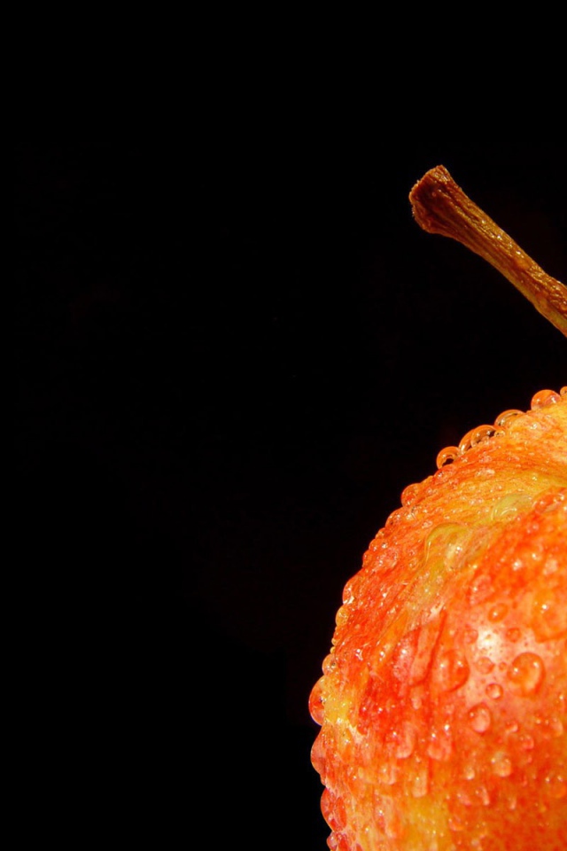 Влажное оранжевое яблоко на черном фоне