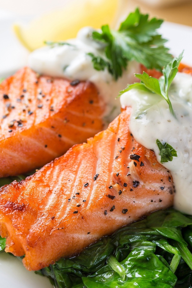 Красная рыба со шпинатом и соусом