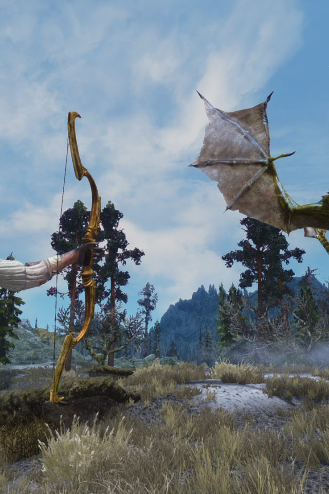 Лучница поражает дракона в игре The Elder Scrolls V Skyrim