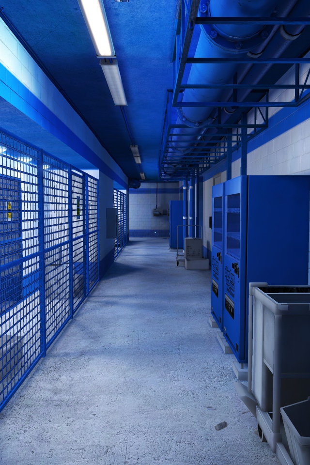 Голубой интерьер подвала, игра Mirror's Edge