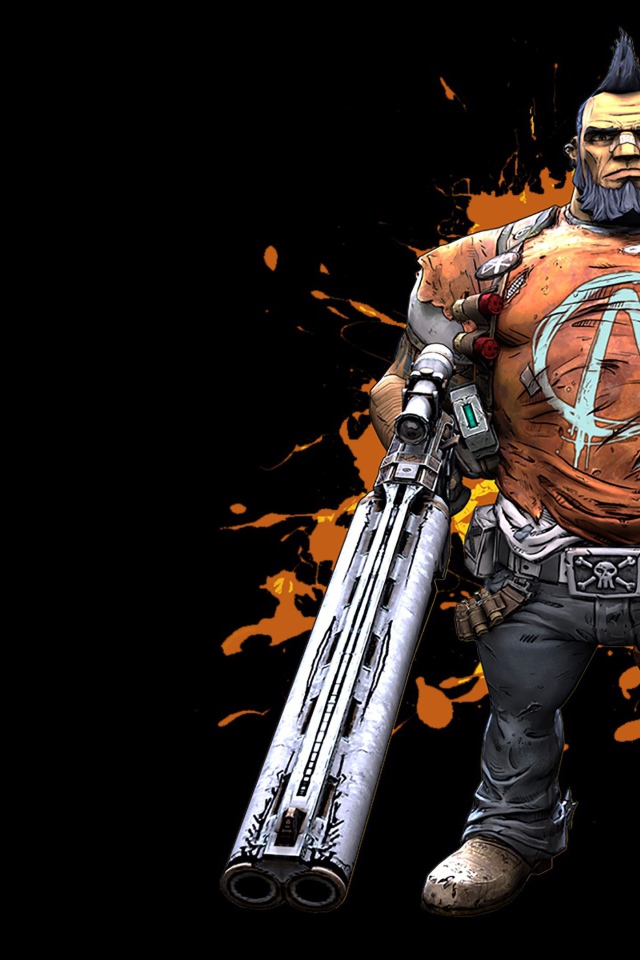 Персонаж игры Borderlands 2 с оружием на черном фоне