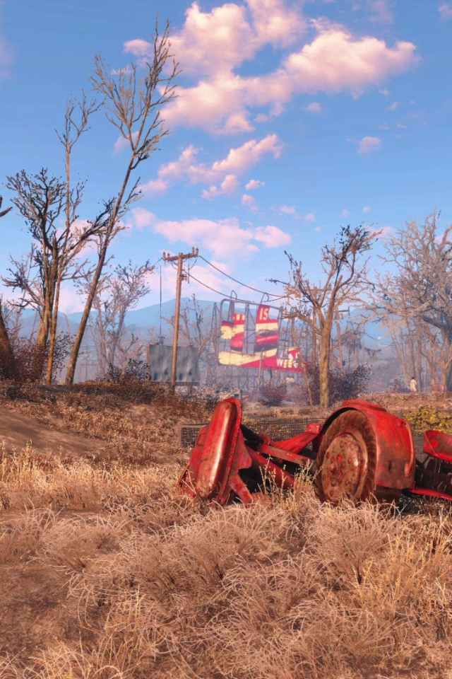 Разбитый трактор в поле, игра Fallout 4