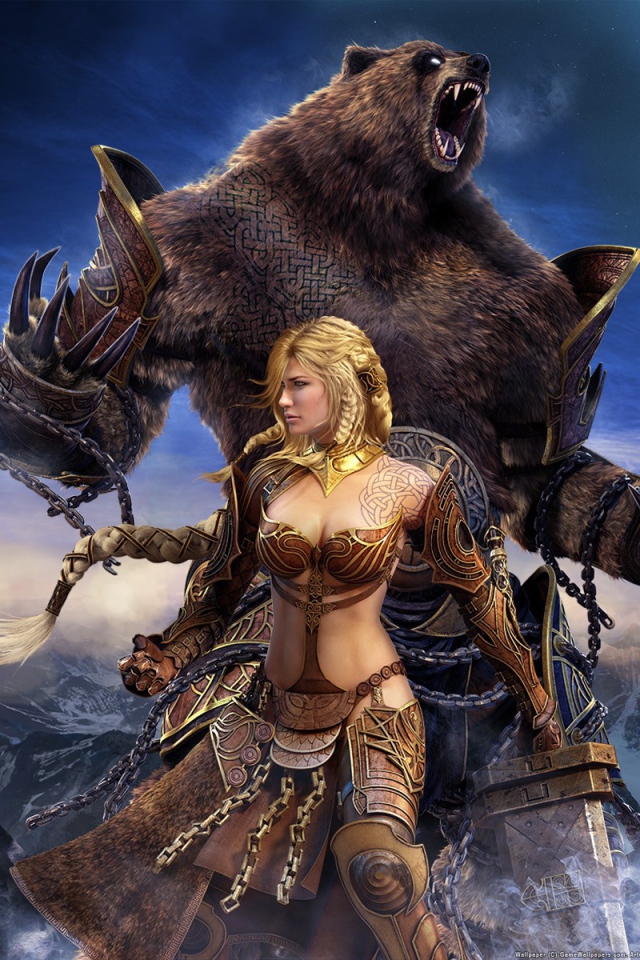 Девушка и медведь в игре Guild Wars