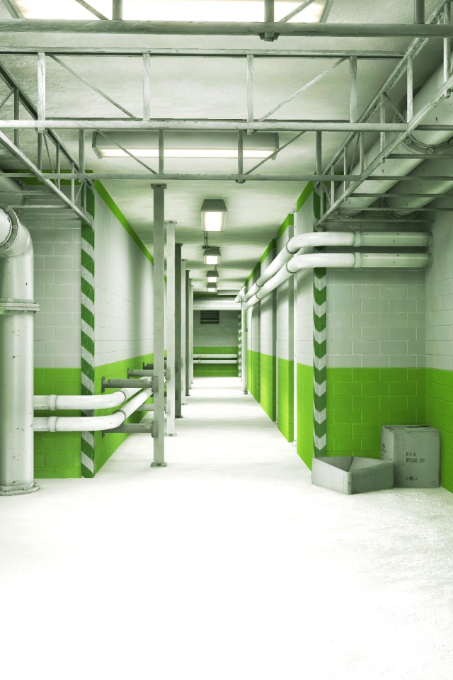 Зеленый интерьер подвала, игра Mirror's Edge